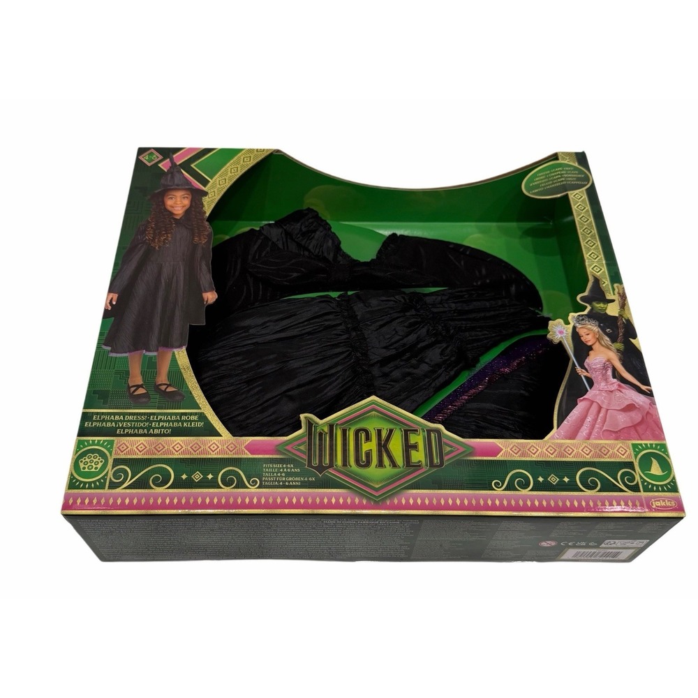 New Wicked Elphaba Black Dress, Hat & Cape Costume Dress Up Set Child Size 4-6x